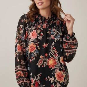 LOFT Black Smocked Floral Cottagecore Boho Blouse – XS